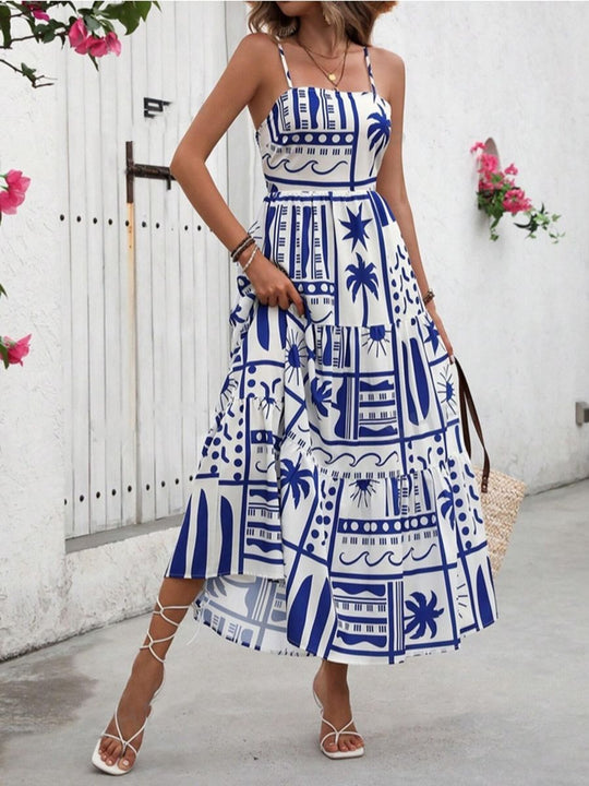 Damen Maxikleid mit angesagtem Grafikdruck und verstellbaren Spaghettiträgern EB