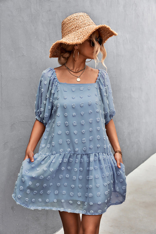 Damen Fließendes Minikleid mit 3/4-Ärmeln und verspieltem Rüschendesign EB