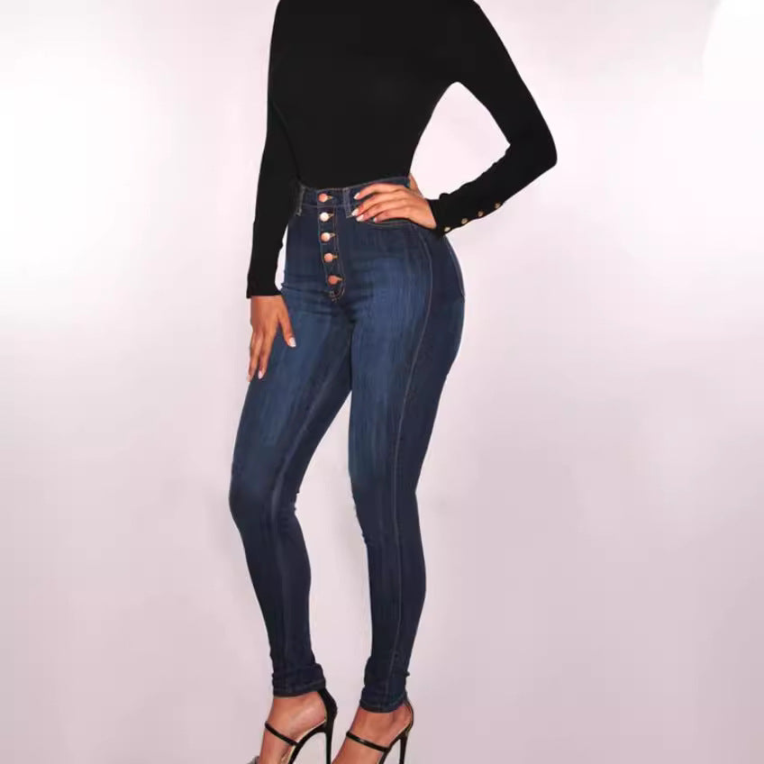 Damen nan hochgeschnittene Skinny-Jeans mit sichtbarer Knopfleiste und figurformendem Stretch EB