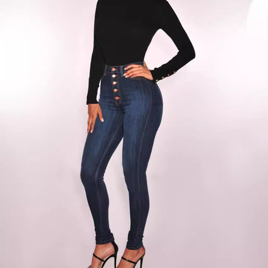 Damen nan hochgeschnittene Skinny-Jeans mit sichtbarer Knopfleiste und figurformendem Stretch EB