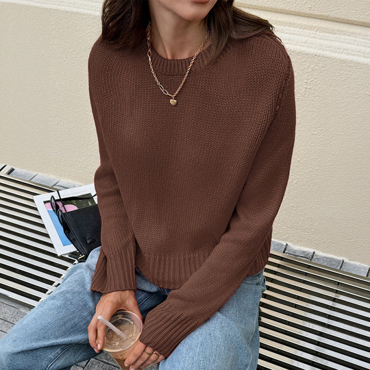 Damen nan gestrickter Feinstrick-Pullover mit Rundhalsausschnitt, leichter Oversize-Passform und gerippten Bündchen EB