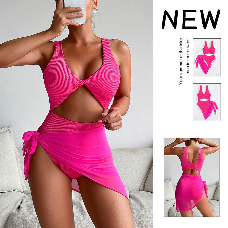 Damen Einteiler Badeanzug mit kreativen Cut-Outs und stilvollem Wickelrock EB
