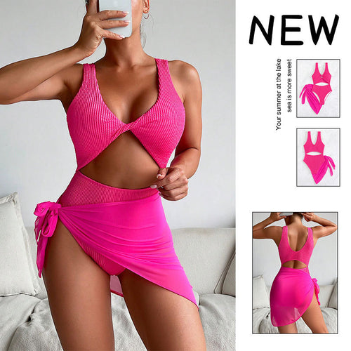 Damen Einteiler Badeanzug mit kreativen Cut-Outs und stilvollem Wickelrock EB