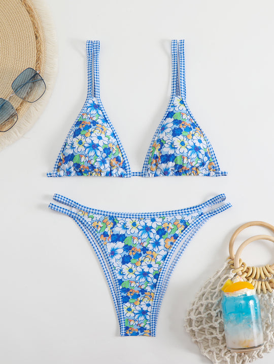 Damen Triangel-Bikini-Set mit verstellbaren Trägern und floralem Muster EB