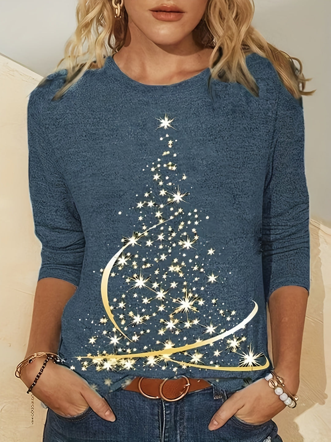 Damen lässiges Langarmshirt mit festlichem Weihnachtsbaumdesign EB