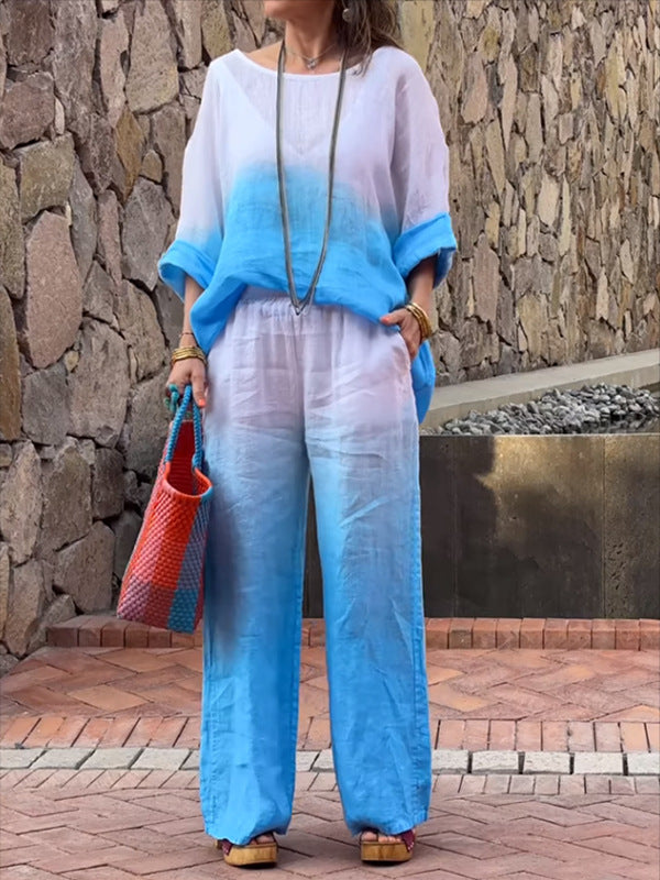 Damen lässiges Leinen-Outfit mit weiten Hosen und lockerer Bluse EB