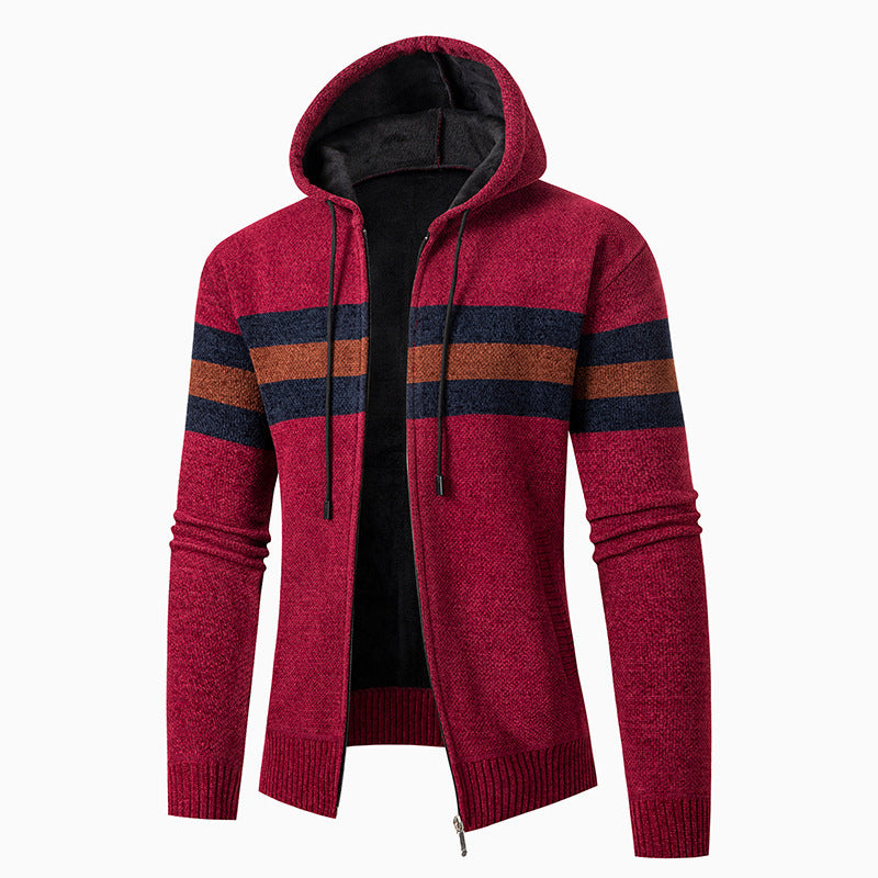 Herren lässiger Strickjacke mit Kapuze und Kontraststreifen EB