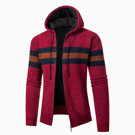 Herren lässiger Strickjacke mit Kapuze und Kontraststreifen EB