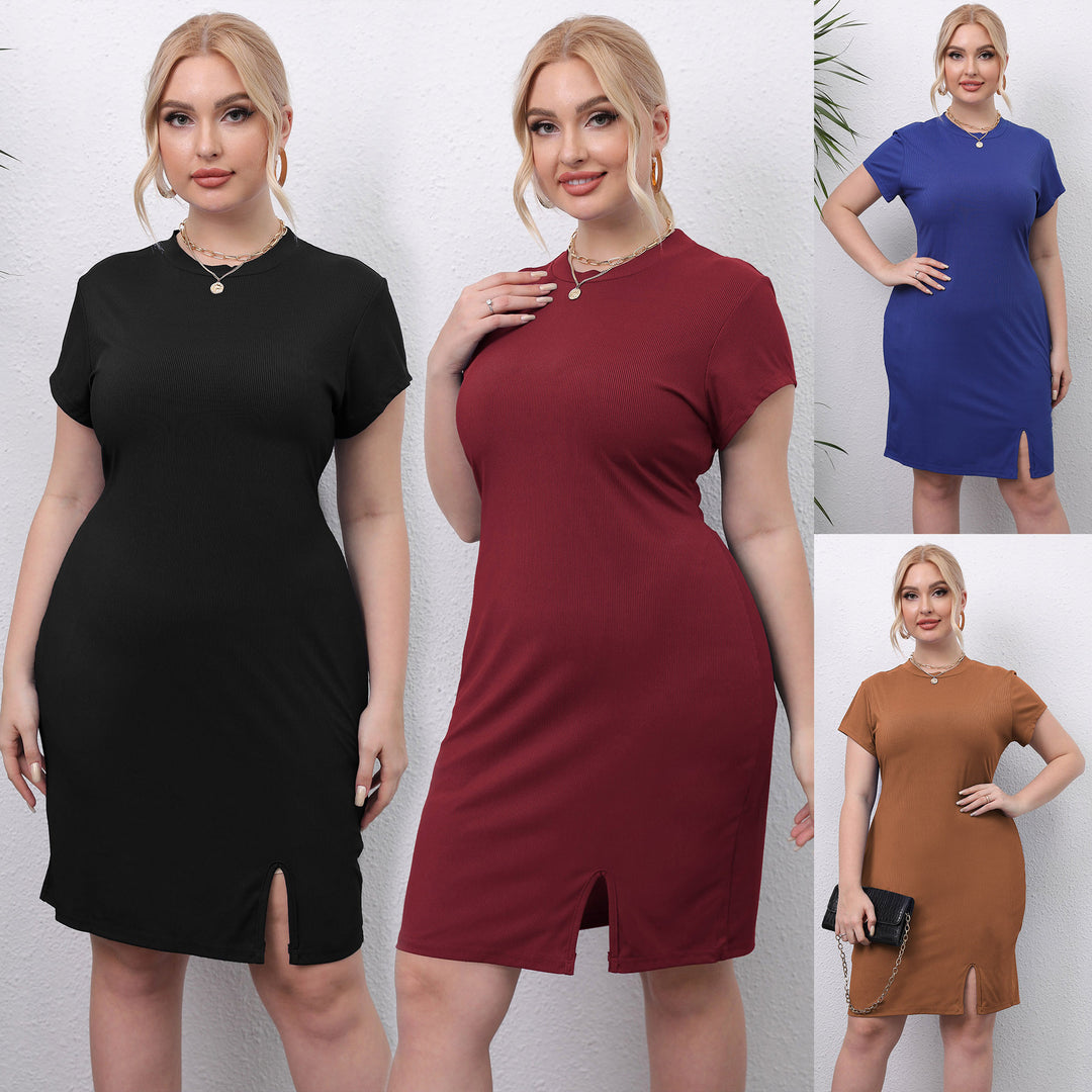 Damen elegantes Kurzarm-Kleid mit seitlichem Schlitz EB