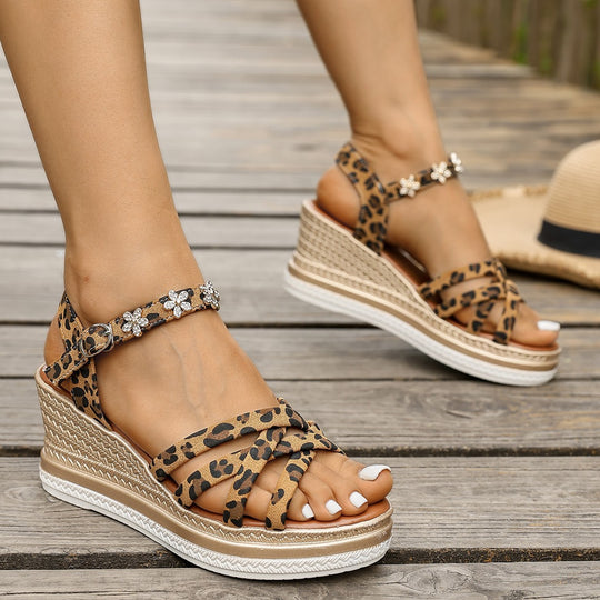Damen Wedge-Sandalen mit floralem Schmuck und animalischem Muster EB