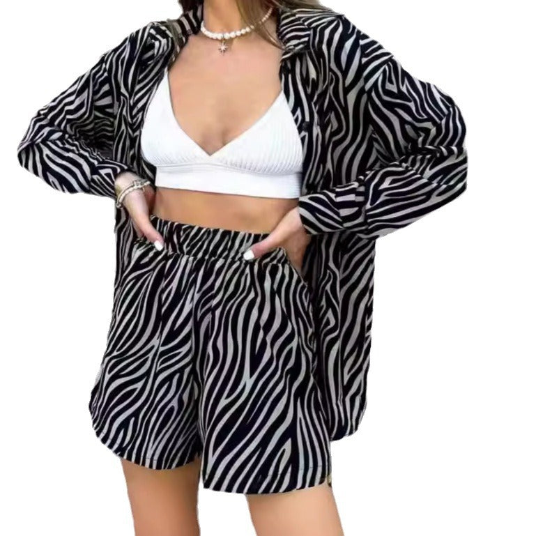 Damen elegante Kurzarmbluse mit Zebra-Print EB