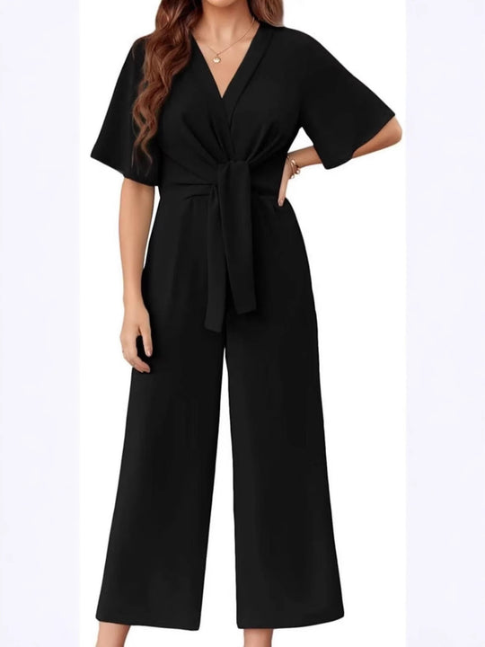 Damen eleganter Jumpsuit mit tiefem V-Ausschnitt und Poncho-Ärmeln EB