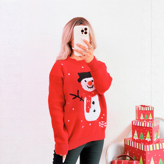 Damen Weihnachts-Pullover mit festlichem Schneemann-Motiv und gemütlichem Schnitt EB