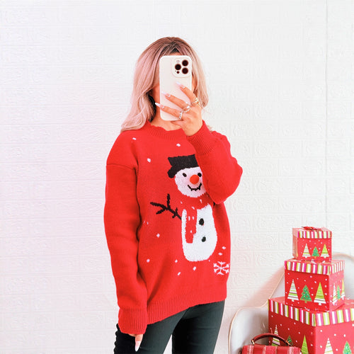 Damen Weihnachts-Pullover mit festlichem Schneemann-Motiv und gemütlichem Schnitt EB