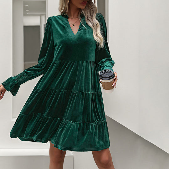 Damen V-Ausschnitt Mini-Kleid mit voluminösen Ärmeln und Rüschendesign EB