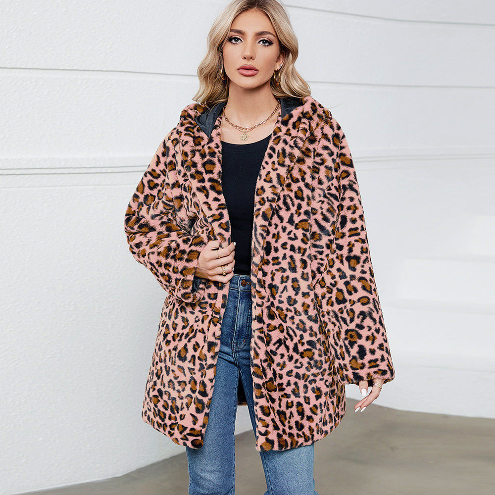 Damen Flauschige Jacke mit modernem Leopardenmuster und bequemen Taschen EB