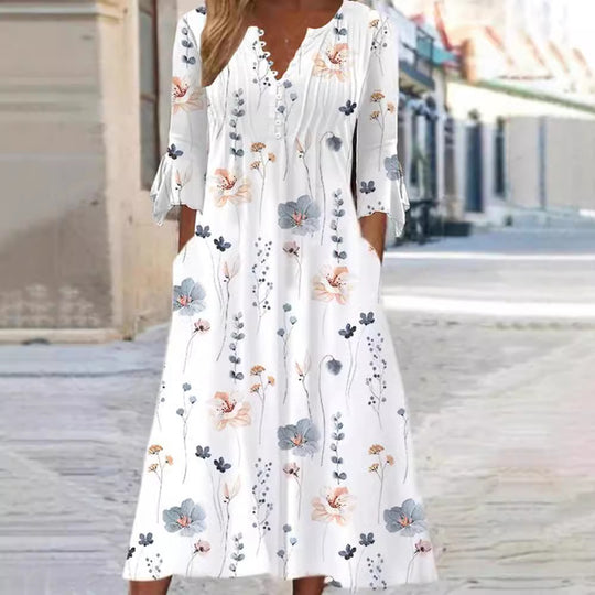 Damen Langärmliges Gartenkleid mit zarten Blumenmuster und Knopfleiste Heidi-Mode