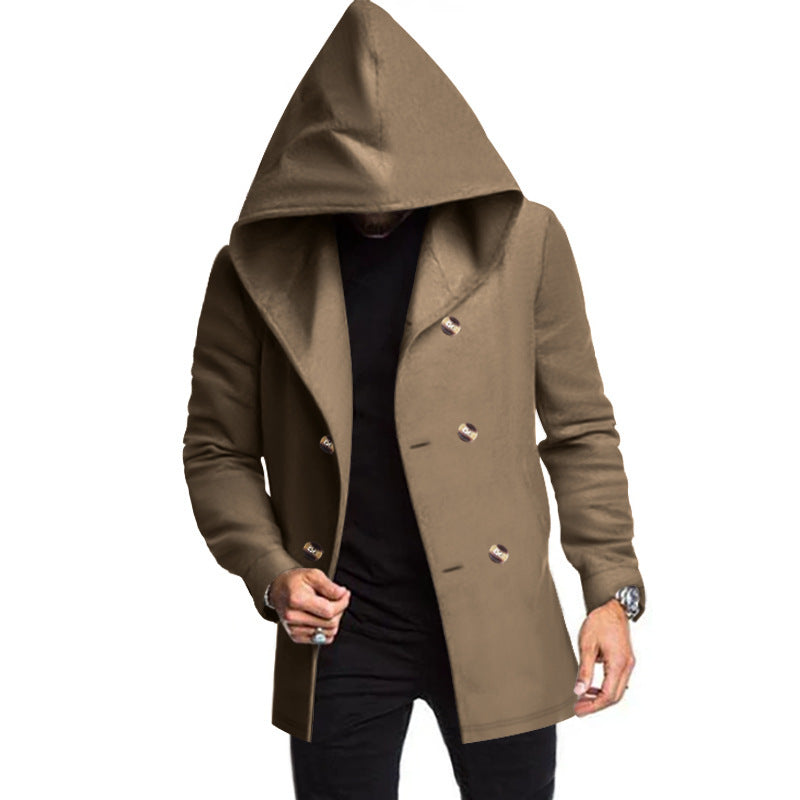Herren modischer Mantel mit Kapuze und doppelter Knopfreihe EB