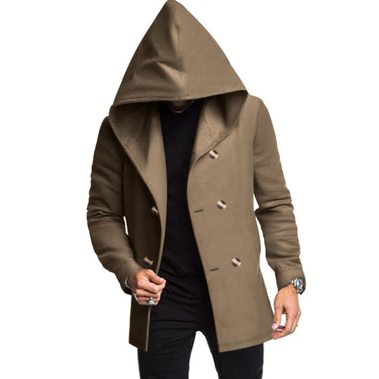 Herren modischer Mantel mit Kapuze und doppelter Knopfreihe EB