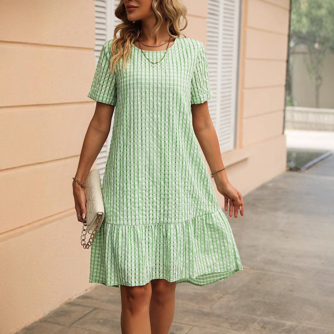 Damen lässiges Hemdkleid mit Rüschensaum und kariertem Muster EB