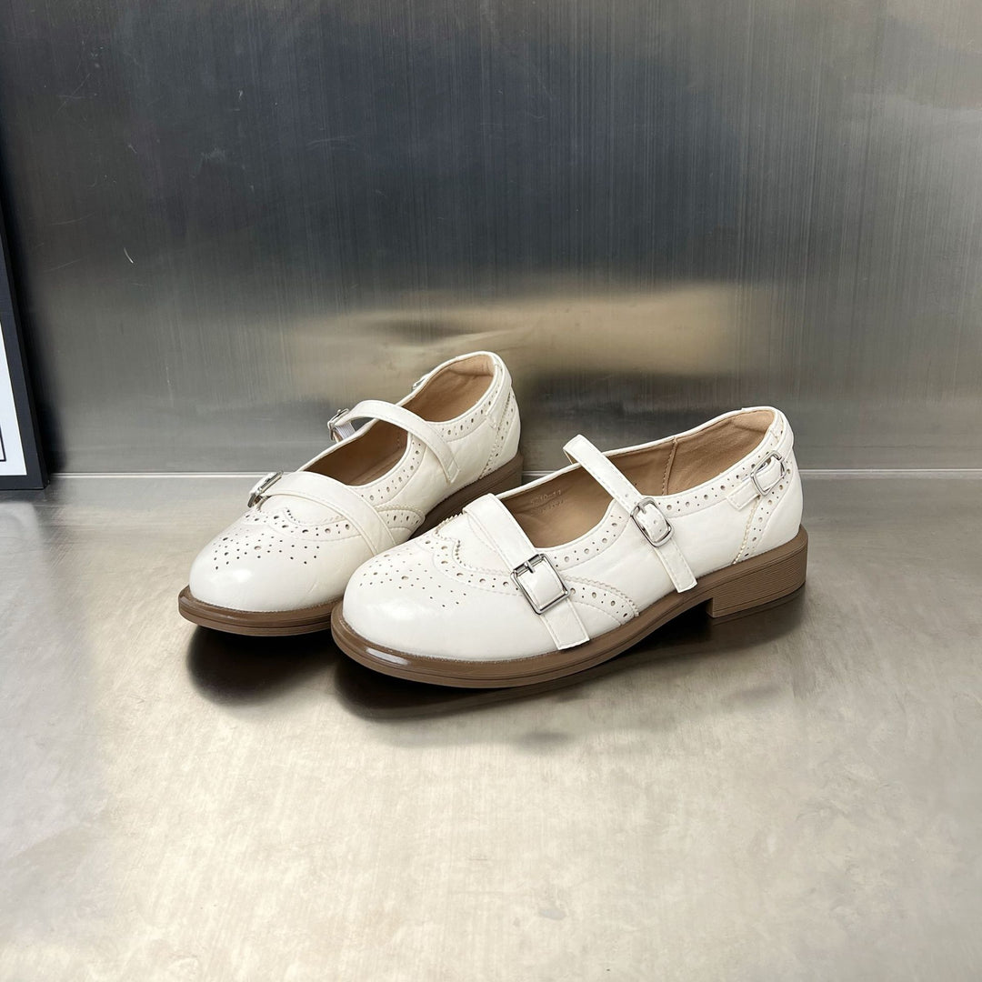 Damen elegante Ballerinas mit doppeltem Riemenverschluss und dekorativem Lochmuster EB