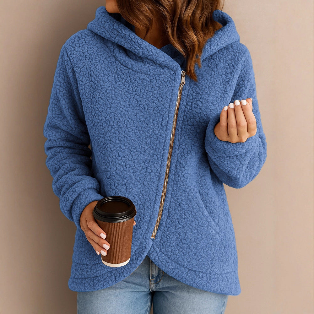 Damen Flauschige Kapuzenjacke mit asymmetrischem Reißverschluss EB