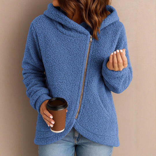 Damen Flauschige Kapuzenjacke mit asymmetrischem Reißverschluss EB