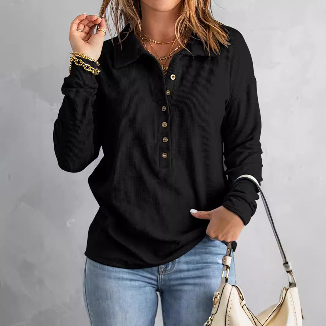 Damen Langarm-Bluse mit knöpfbarem Kragen und strukturiertem Stoff EB