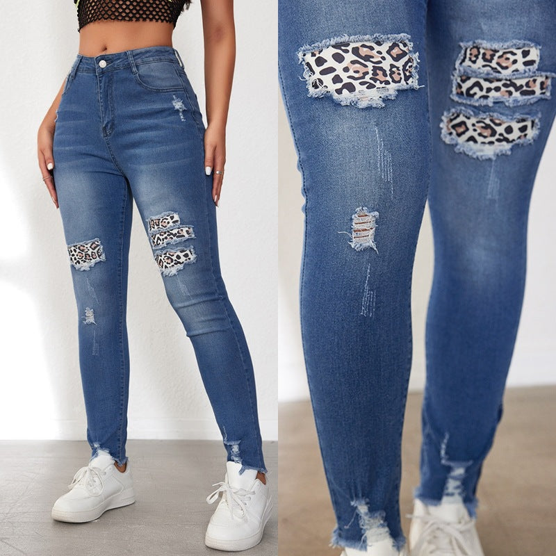 Damen Skinny Jeans mit animalischen Applikationen und Distressed-Effekten EB