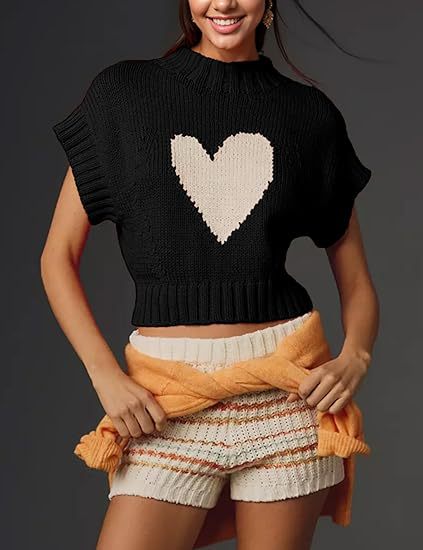 Damen lässiger Kurzarm Pullover mit Herzmotiv EB