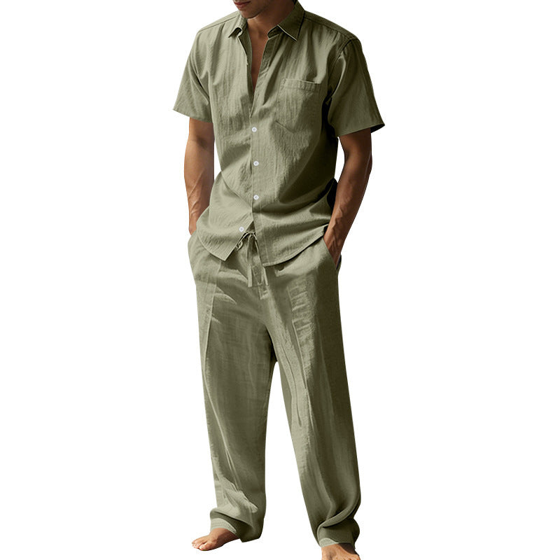 Herren nan resort-taugliches Kurzarm-Hemd mit Brusttasche und lässiger Leinen-Kordelhose EB