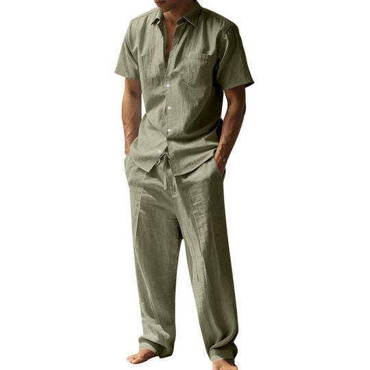 Herren nan resort-taugliches Kurzarm-Hemd mit Brusttasche und lässiger Leinen-Kordelhose EB