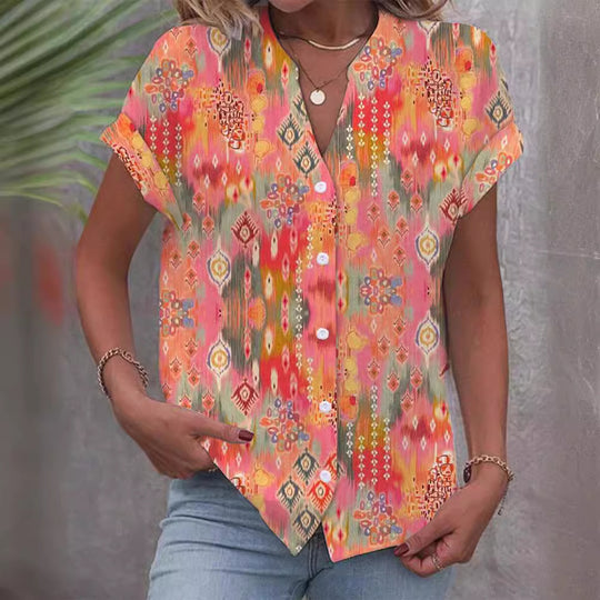 Damen Kurzarmbluse mit kunstvollem Ikat-Design Heidi-Mode