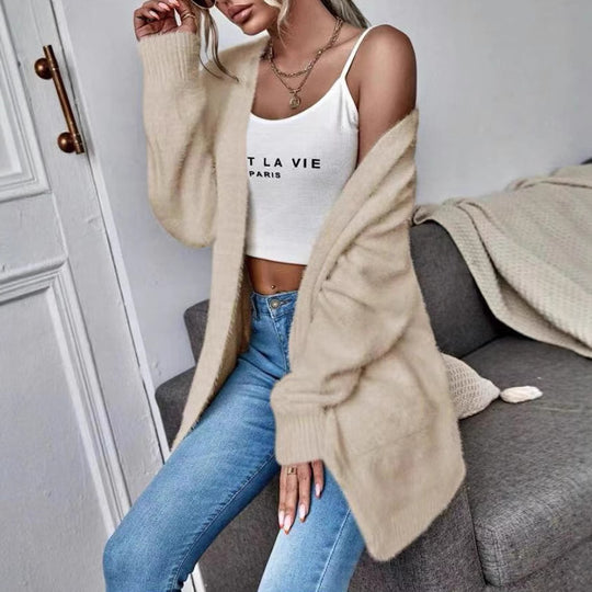 Damen Flauschiger Offener Cardigan aus weichem Material EB