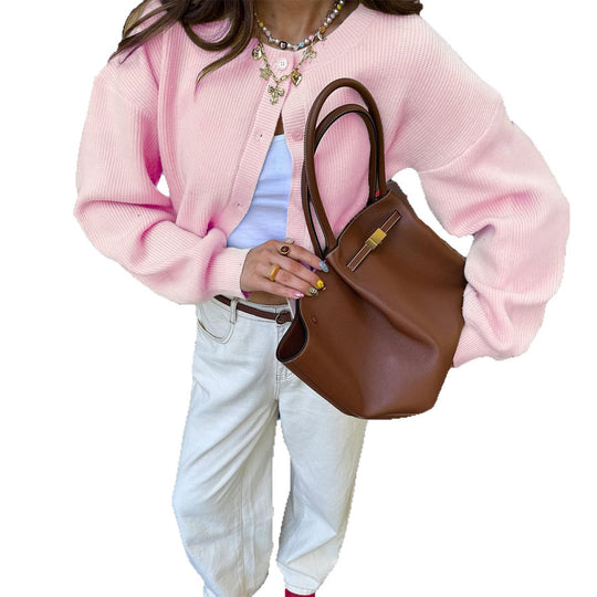 Damen nan kurzes Rippstrick-Cardigan mit Rundhalsausschnitt, ballonärmel und markanter Knopfleiste EB