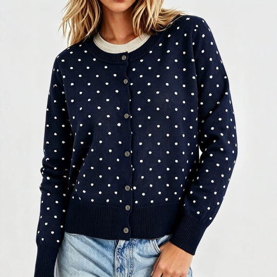 Damen Gepunktete Feinstrick-Cardigan mit Rundhals und Rippbündchen EB