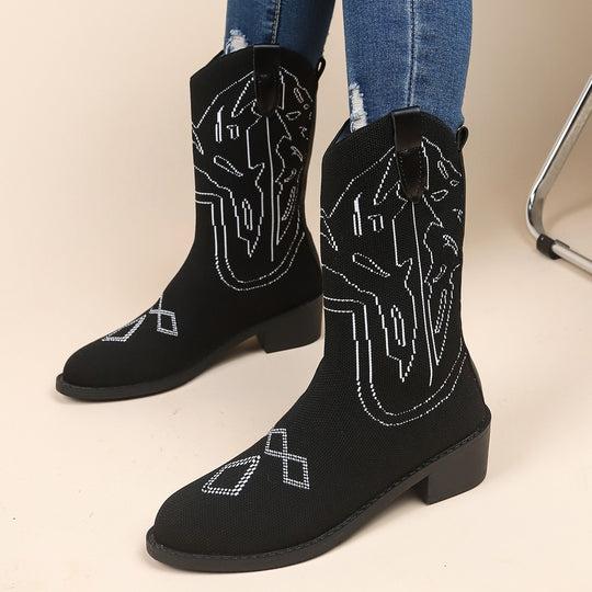 Damen Cowboy-Stiefel mit kunstvollem Stickdesign und robustem Absatz EB