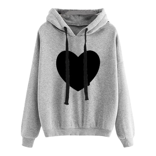Damen nan leichter Oversize Kapuzenpullover mit Herz‑EKG‑Motiv, langen Kordeln und elastischem Bund EB