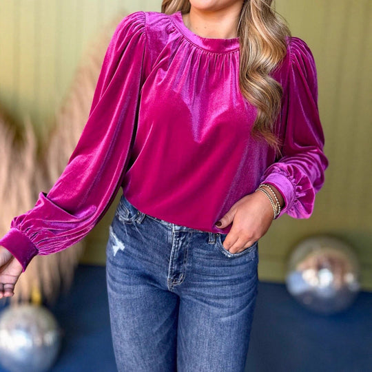Damen Samtbluse mit Ballonärmeln und gerafftem Stehkragen EB