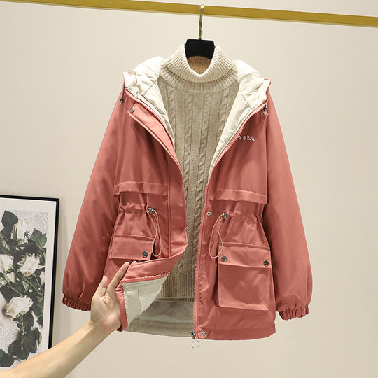 Damen Wasserabweisender Kapuzenparka mit Teddyfutter Tunnelzugtaillierung und Mehrfachtaschen EB