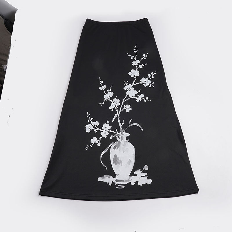 Damen nan ausgestellter Maxi-Rock mit A-Linien-Schnitt, elastischem Bund und floraler Aquarell-Vasen-Print EB