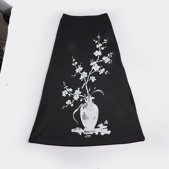 Damen nan ausgestellter Maxi-Rock mit A-Linien-Schnitt, elastischem Bund und floraler Aquarell-Vasen-Print EB