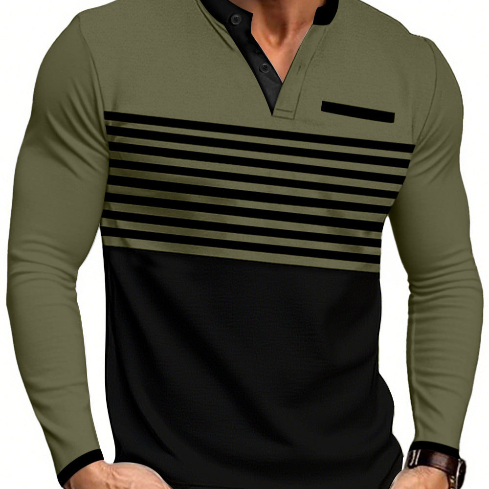 Herren nan modernes Langarm-Polo mit Henley-Blende gestreifter Brustpartie und Stehkragen EB