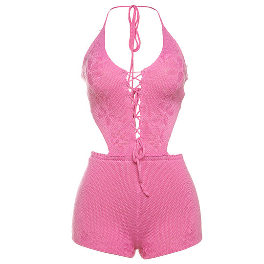 Damen Strickbadeanzug mit tiefem V-Ausschnitt und elegantem Lace-Up Design EB