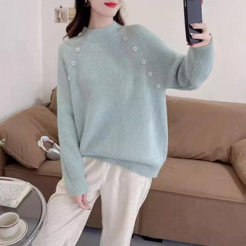 Damen Grobstrickpullover mit modernem Stehkragen und Knopfdetails EB