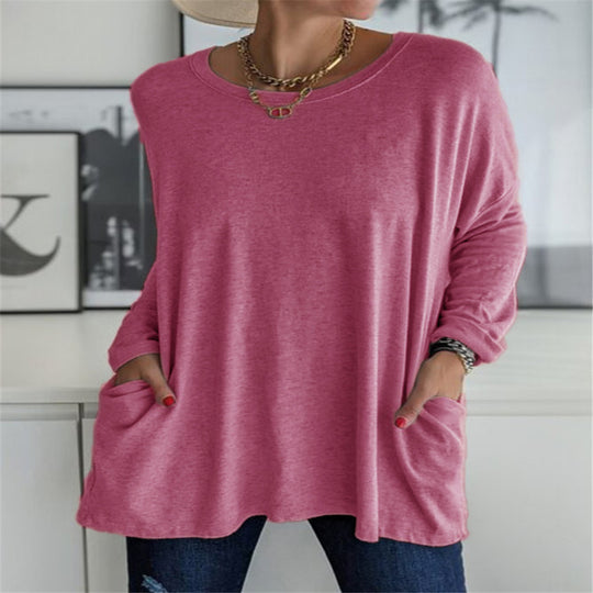 Damen nan oversized Longsleeve-Tunika mit Rundhalsausschnitt, überschnittener Schulter und aufgesetzten Taschen EB