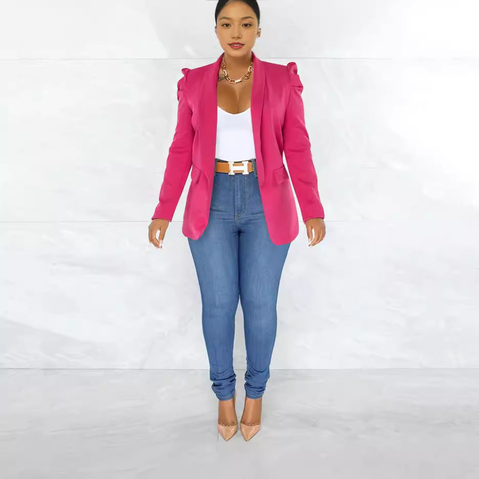 Damen taillierter Blazer mit strukturierten Schulterdetails und offenem Revers EB