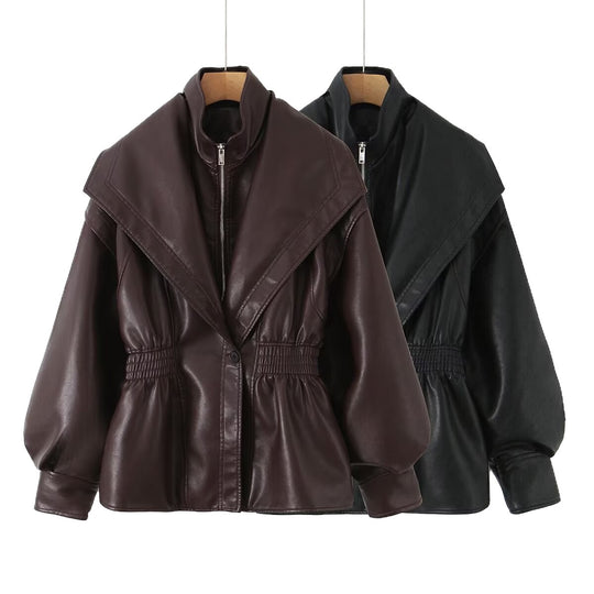 Damen Kunstlederjacke mit asymmetrischem Kragen und tailliertem Schnitt EB