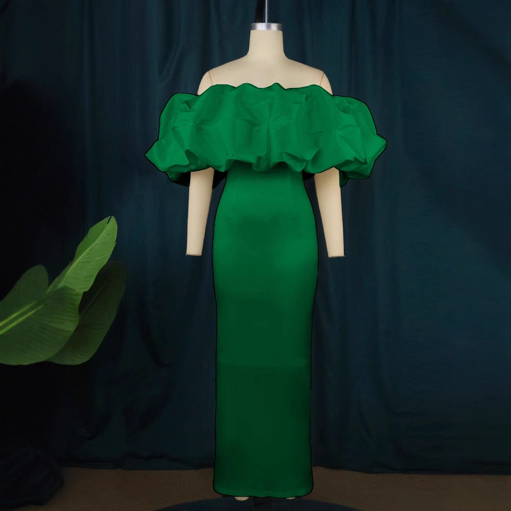 Damen Elegantes Off-Shoulder Maxikleid mit voluminösen Rüschensäumen EB