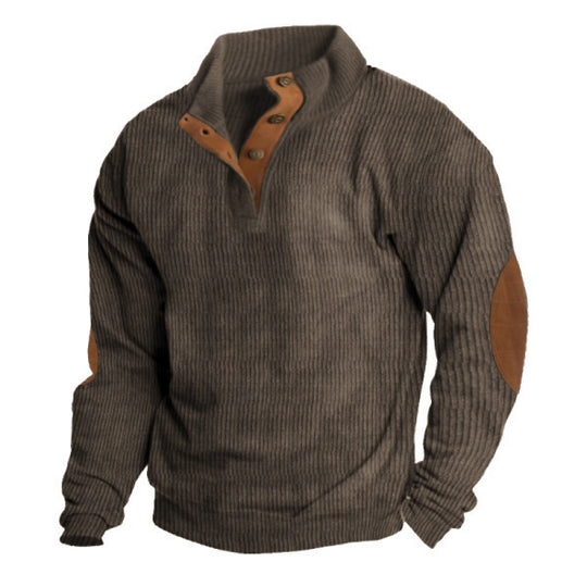 Herren nan strukturiertes Rugby-Pullover mit Stehkragen, Knopfleiste und Leder-Ellenbogenpatches EB